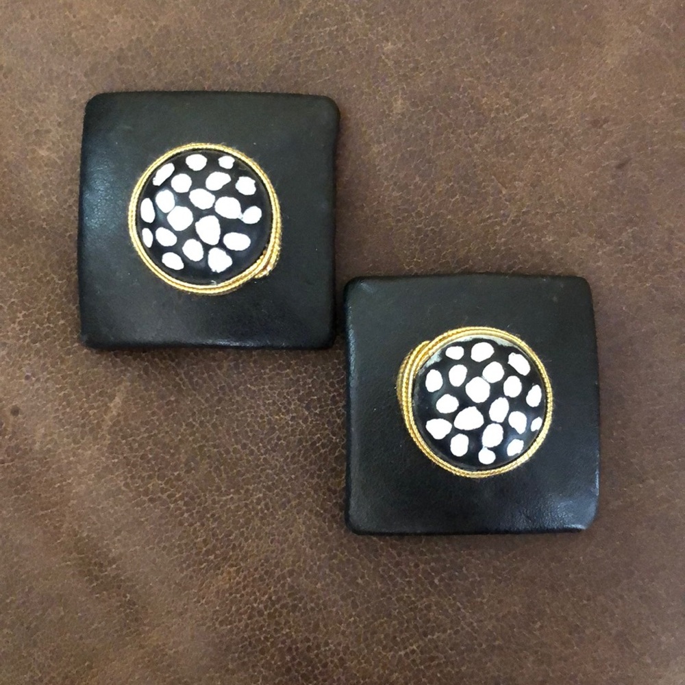 Vintage Clip-On Black Leather Handmade Earrings